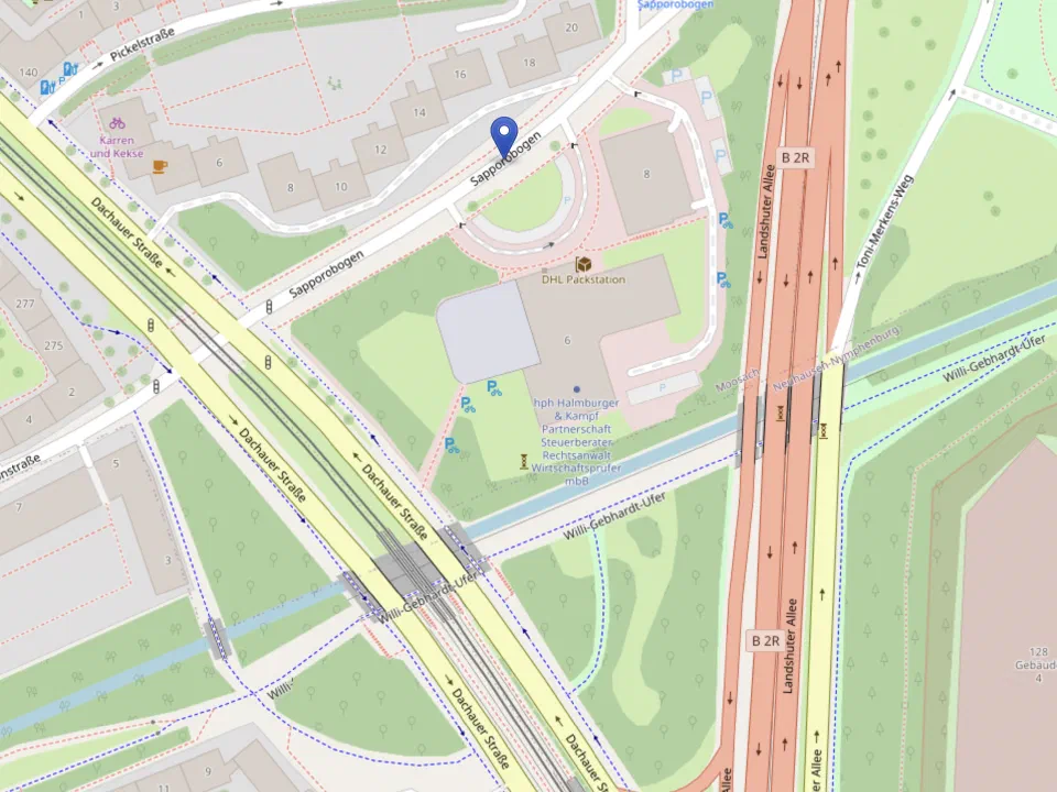 Karte des Sapporobogen in München mit einer Markierung am Standort von Hanobox, dazwischen die Dachauer Straße und die Landshuter Allee